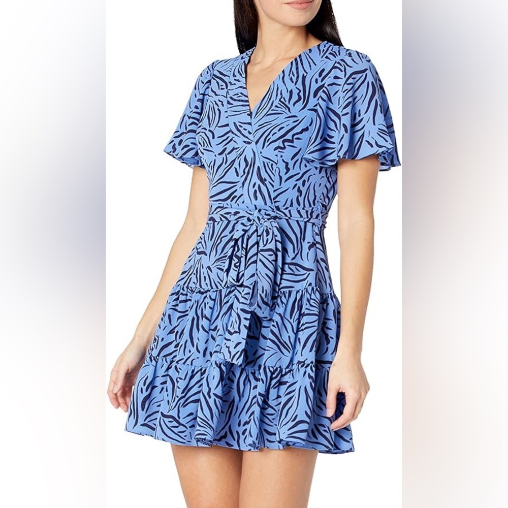 Eliza J Faux Wrap Flutter Sleeve Fit & Flare Dress in Periwinkle Blue Zebra 10P